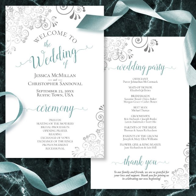 Silver Lace Teal on White Budget Wedding Program (Creator Uploaded)