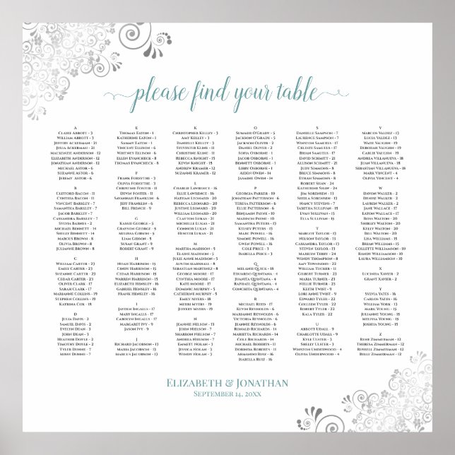 Silver Lace Teal Script Alphabetical Seating Chart (Front)