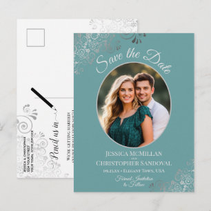Silver Lace Teal Wedding Save the Date Oval Photo Announcement Postcard