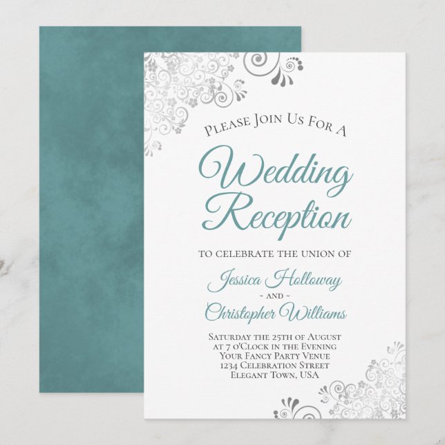 Silver Lace Teal & White Elegant Wedding Reception Invitation (Front/Back)