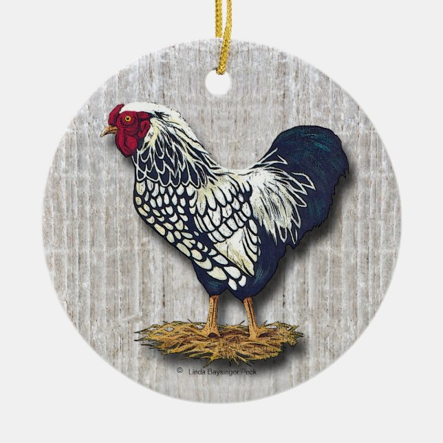 Silver Laced Wyandotte Rooster Light Barnboards Ceramic Tree Decoration (Front)