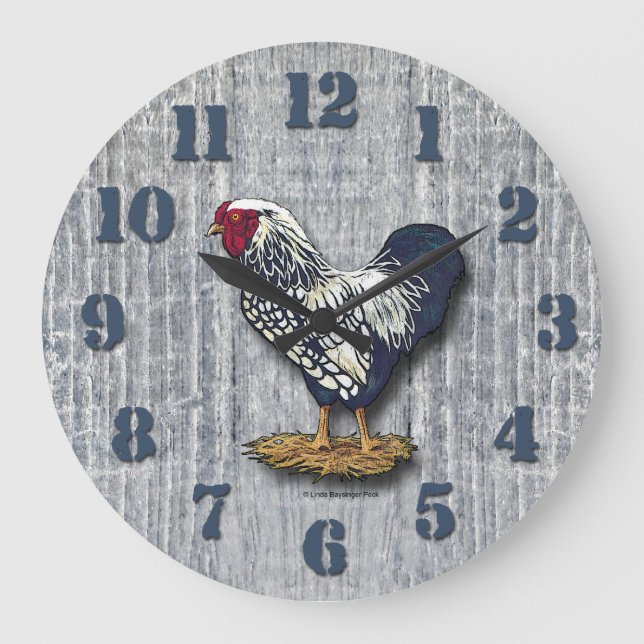 Silver Laced Wyandotte Roosters Barnboards Large Clock (Front)