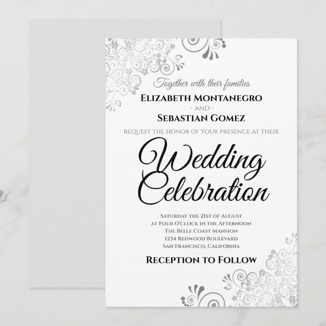 Silver Lacy Floral Filigree Simple Elegant Wedding Invitation (Front/Back)
