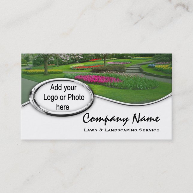 Silver Landscaping Lawn Logo Photo Business Cards (Front)