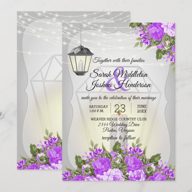 Silver Lanterns and Purple Flower Wedding Invitation (Front/Back)