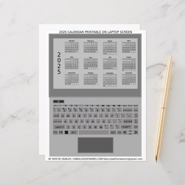 Silver Laptop Keyboard 2025 Calendar On Screen (Front/Back In Situ)