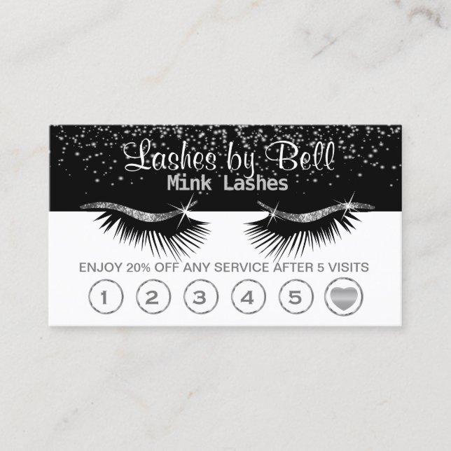 Silver Lashes Loyalty Cards on Black & White (Front)