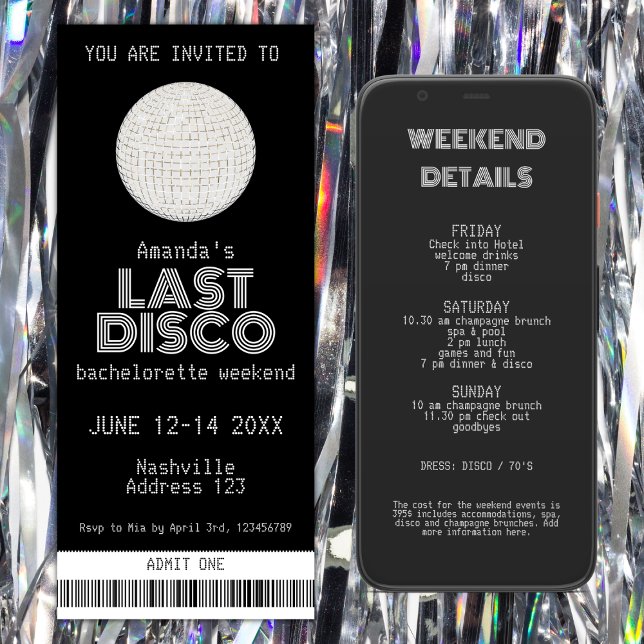 Silver Last Disco Bachelorette Weekend Ticket Invitation (last disco silver bachelorette party invitation ticket weekend itinerary)