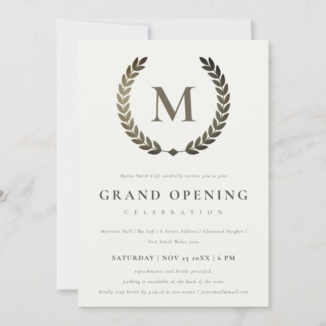 Silver Laurel Monogram Ornate Grand Opening Invite (Front)