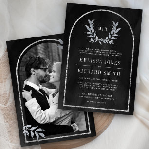 Silver Laurel Wreath Leaves Charcoal Grey Wedding Invitation