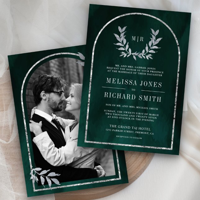 Silver Laurel Wreath Leaves Emerald Green Wedding Invitation (Creator Uploaded)