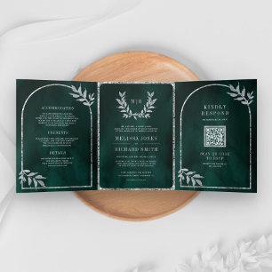 Silver Laurel Wreath Leaves Emerald Green Wedding Tri-Fold Invitation