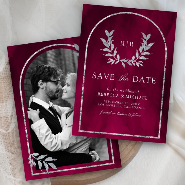 Silver Laurel Wreath Leaves Fuchsia Pink Wedding Save The Date (Creator Uploaded)