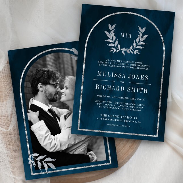 Silver Laurel Wreath Leaves Ocean Blue Wedding Invitation (Creator Uploaded)