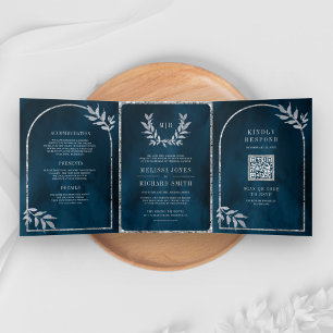 Silver Laurel Wreath Leaves Ocean Blue Wedding Tri-Fold Invitation