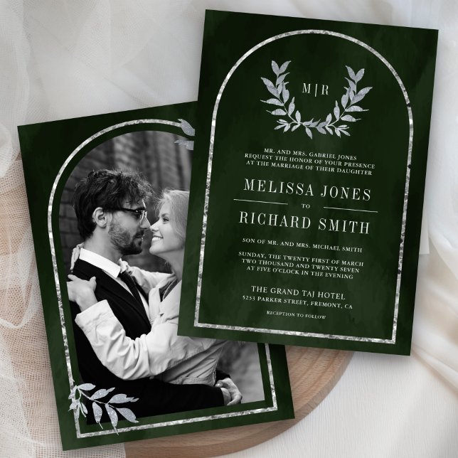 Silver Laurel Wreath Leaves Olive Green Wedding Invitation (Creator Uploaded)
