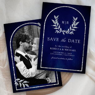 Silver Laurel Wreath Leaves Royal Blue Wedding Save The Date