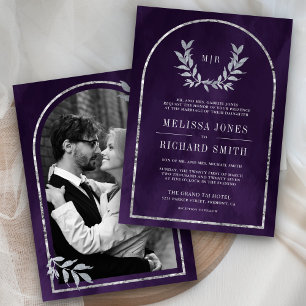 Silver Laurel Wreath Leaves Royal Purple Wedding Invitation