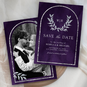 Silver Laurel Wreath Leaves Royal Purple Wedding Save The Date