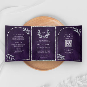 Silver Laurel Wreath Leaves Royal Purple Wedding Tri-Fold Invitation
