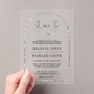 Silver Laurel Wreath Leaves Wedding Acrylic Invitations