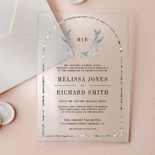 Silver Laurel Wreath Leaves Wedding Acrylic Invitations (Creator Uploaded)