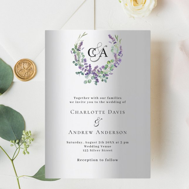 Silver lavender florals monogram luxury wedding invitation (Creator Uploaded)