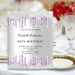 Silver lavender glitter drips birthday invitation<br><div class="desc">A modern, stylish and glamorous invitation for a woman's 30th (or any age) birthday party. A faux silver looking background with lavender, violet colored faux glitter drip, paint dripping look. The name is written with a black modern hand lettered style script. Personalize and add a name, age and party details....</div>
