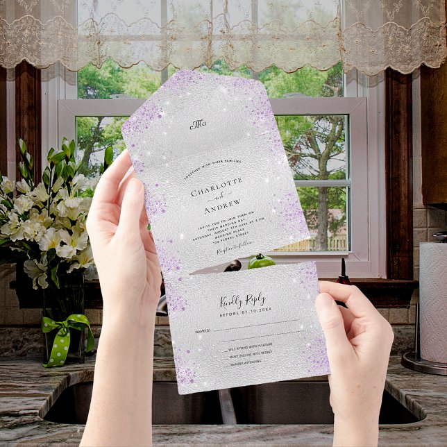 Silver lavender glitter elegant wedding all in one invitation (Creator Uploaded)