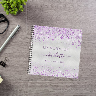Silver lavender glitter purple name script notebook