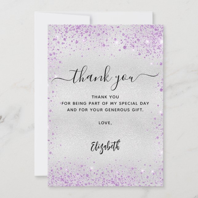 Silver lavender glitter thank you card (Front)