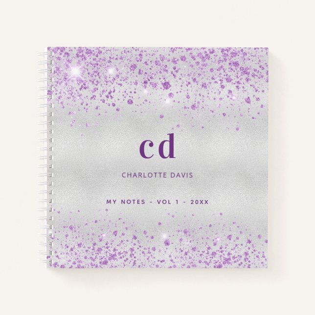 Silver lavender name monogram notebook (Front)