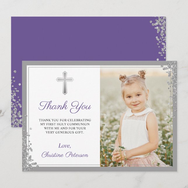 Silver Lavender Purple Communion Thank you Card (Front/Back)