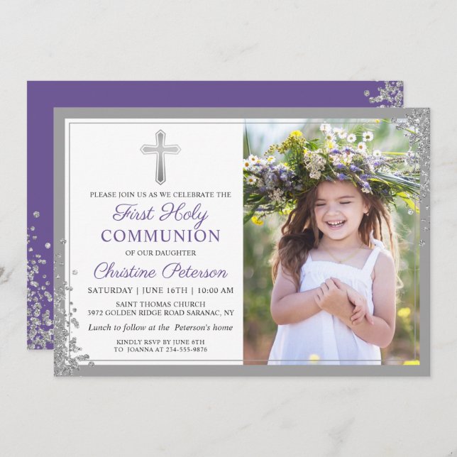 Silver Lavender Purple First Communion Photo Invitation (Front/Back)
