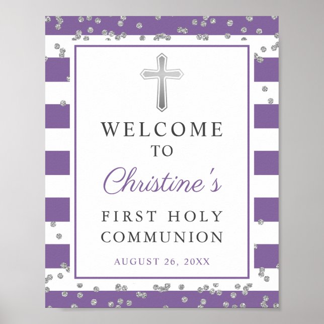 Silver Lavender Purple First Communion Welcome Poster (Front)