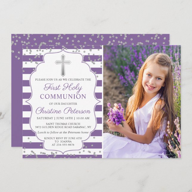 Silver Lavender Purple Photo First Holy Communion Invitation (Front/Back)
