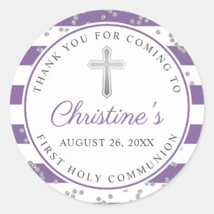 Silver Lavender Purple Stripes First Communion Classic Round Sticker