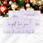 Silver lavender snow pine logo gift certificate<br><div class="desc">Modern logo gift certificate with this luxury silver glitter snowflakes sparkles and silver glitter pine tree forest on an elegant festive faux lavender metallic background,  featuring a modern cool script font typography. Perfect gift for anyone! Add your logo.</div>