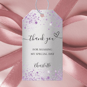 Silver lavender sparkles heart thank you gift tags