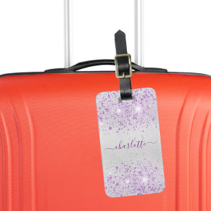 Silver lavender sparkles name luggage tag