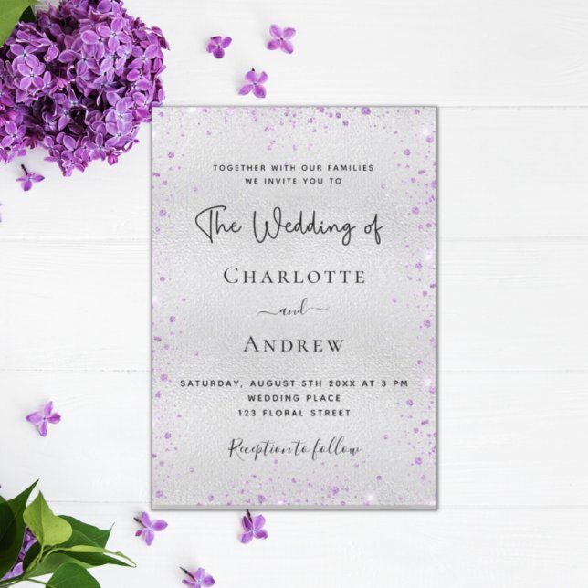 Silver lavender sparkles script wedding invitation (Creator Uploaded)