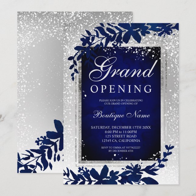 Silver leaf snow navy blue Christmas grand opening Invitation (Front/Back)