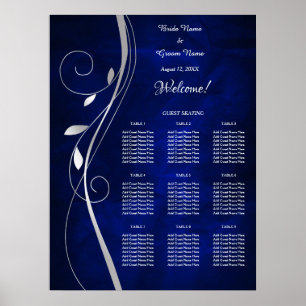 Silver Leaf Swirl Blue Wedding Seating Chart