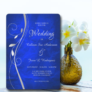 Silver Leaf Swirl Bright Blue Wedding Invitation