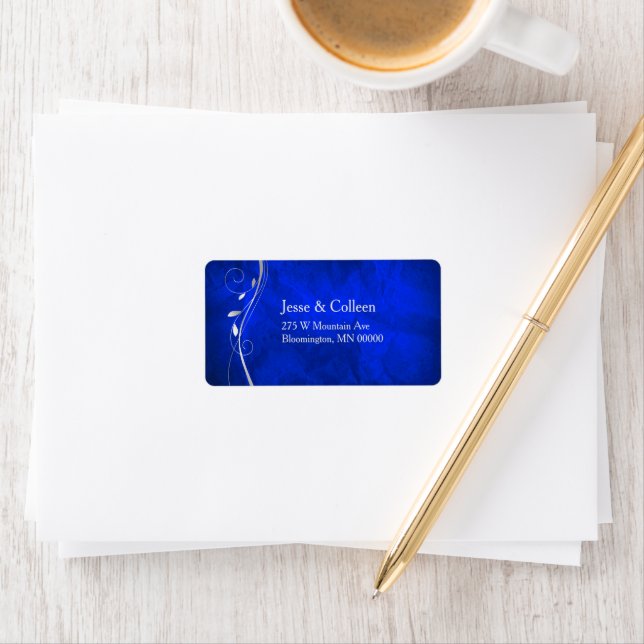 Silver Leaf Swirl Bright Blue Wedding Return Label (Insitu)