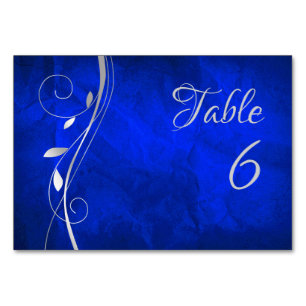 Silver Leaf Swirl Bright Blue Wedding Table Number