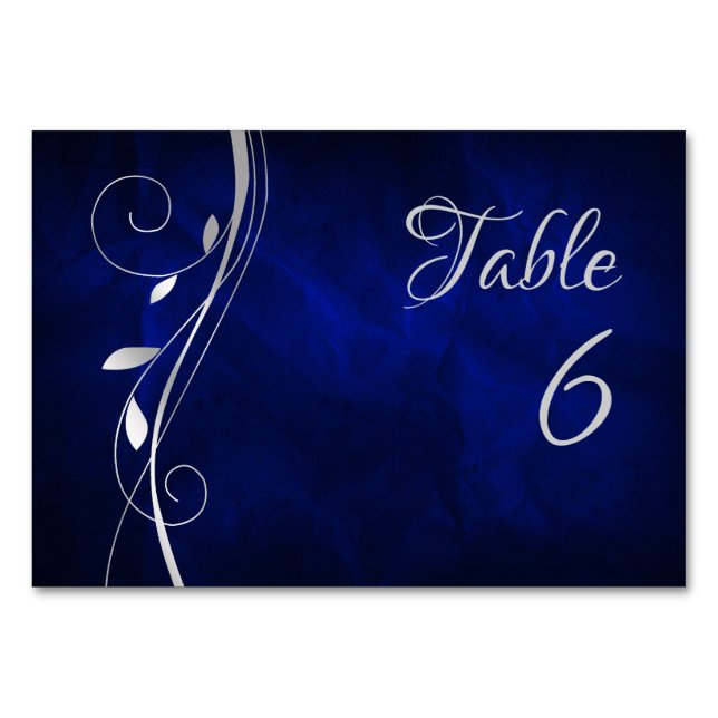 Silver Leaf Swirl Deep Blue Wedding Table Number (Front)