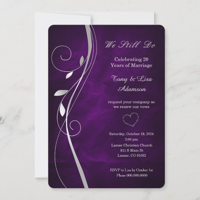 Silver Leaf Swirl Deep Purple Vow Renewal Invitation (Front)