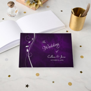 Silver Leaf Swirl Deep Purple Wedding Guest Book