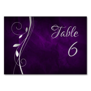 Silver Leaf Swirl Deep Purple Wedding Table Number